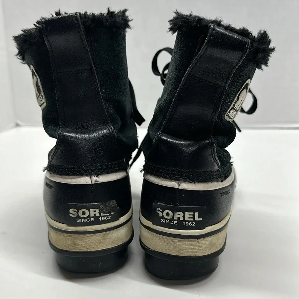 Sorel Tivoli Boots Snow Winter Leather Faux Fur Waterproof Black Womens Size 6